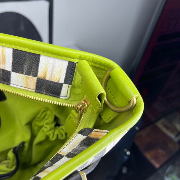MacKenzie Childs Courtly Check Chartreuse Black Leather Diaper Bag Tote - Picture 9 of 9